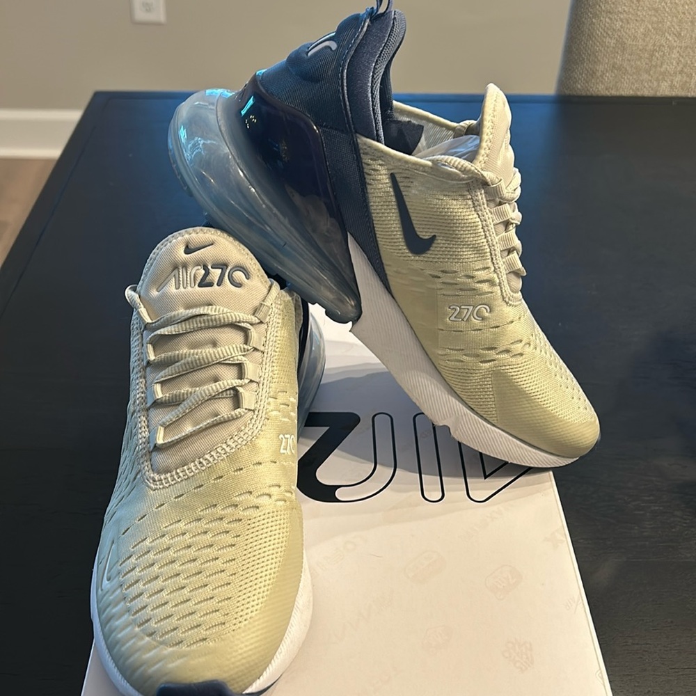 Nike Air Max 270 Beige and Navy Athletic Shoes